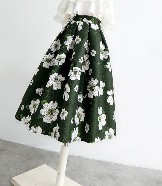 Dark Green Floral Retro Skirt