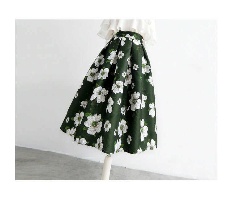 Dark Green Floral Retro Skirt