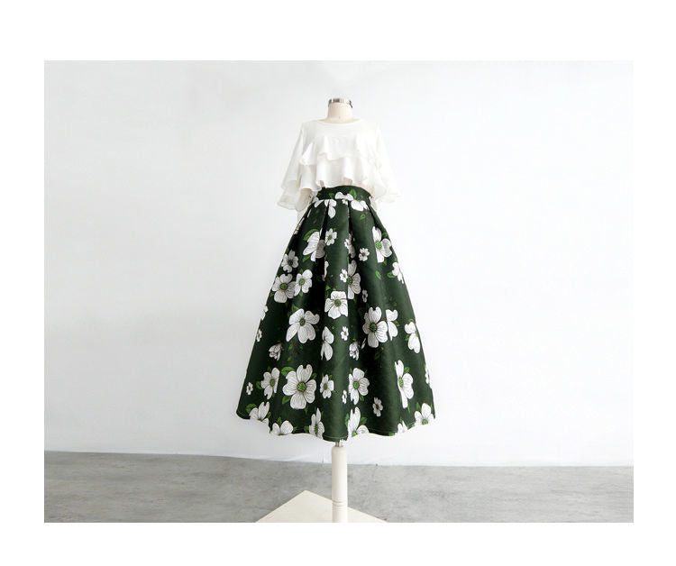 Dark Green Floral Retro Skirt