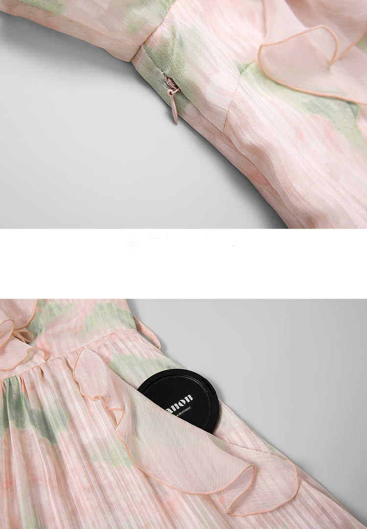 Floral V-neck Ruffled Lantern Sleeve Dress