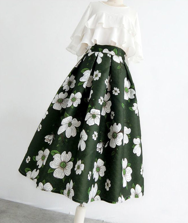 Dark Green Floral Retro Skirt