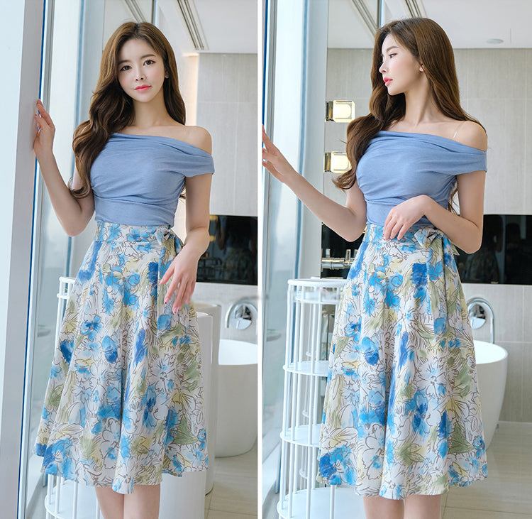 Blue Pleated Shirt + Floral Skirt Two Pieces Set