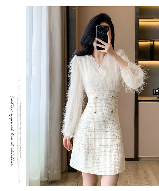 Off-white Fur Splicing Tweed Sweet Mini Dress