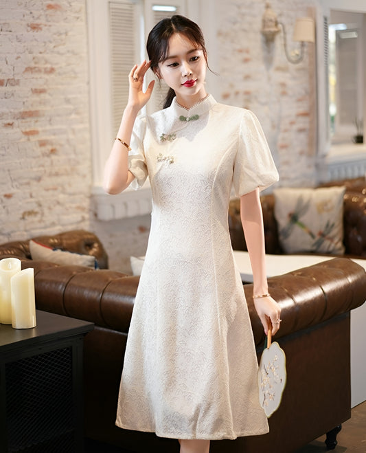 Off White Short-sleeved Cheongsam Lace Dress