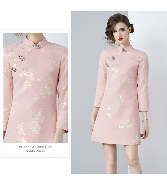 Pink Cheongsam Buckle Gold Thread Embroidery Dress