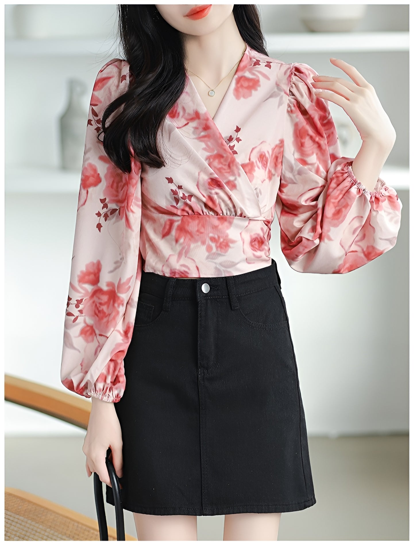 Pink Floral Long-sleeved V-neck Wrapped Shirt