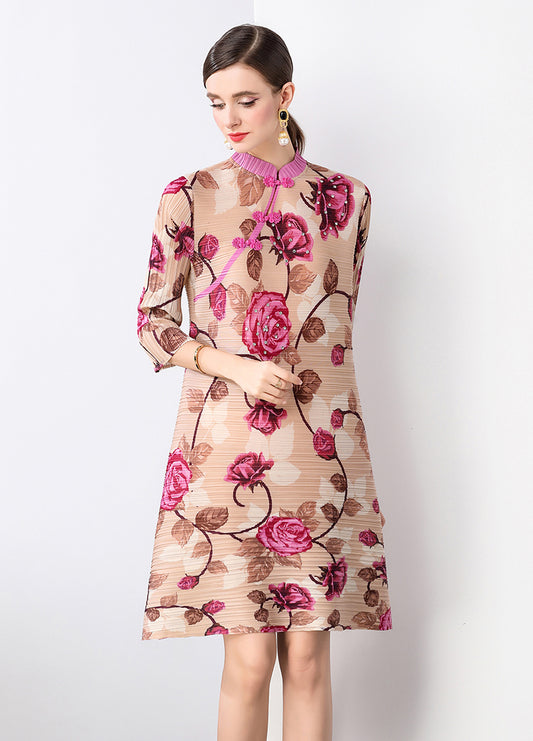 Pink Floral Loose Pleated Dress