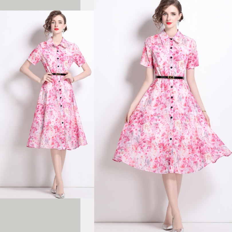 Pink Floral Polo Collar Dress