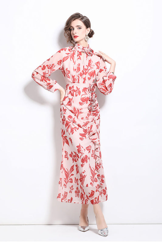 Pink Floral Ruffle Drape Long Dress