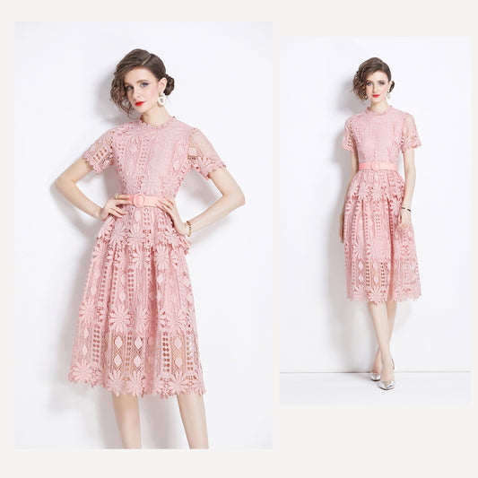 Pink Hollow Hook Flower Lace Dress