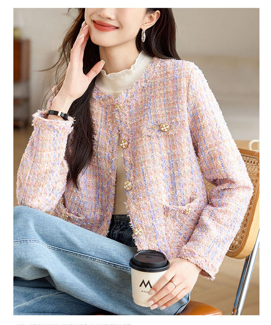 Pink Plaid Tweed Women's Jacket