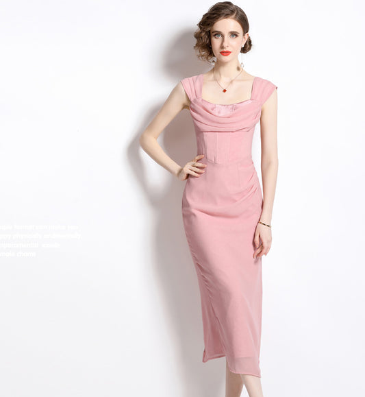 Pink Pleated Tube Top Mid-length Slit Dress