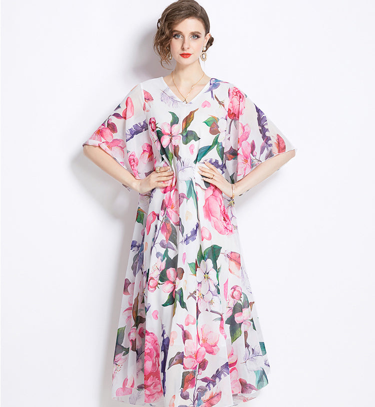 Pink V-neck Gentle Tencel Floral Elegant Drape Dress