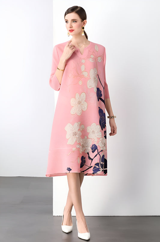 Pink Floral Loose Elegant Dress