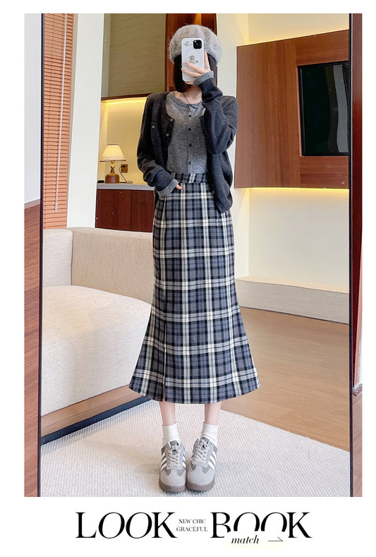 Plaid High Waist Fishtail Skirt