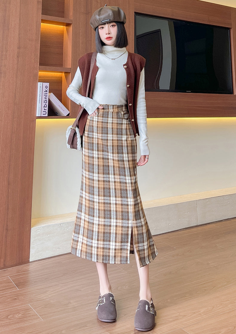 Plaid High Waist Fishtail Skirt