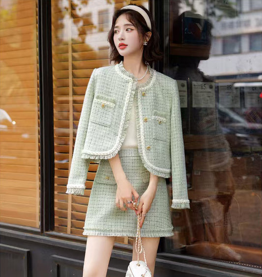 Plaid Light Green Jacket + Mini Skirt Two Pieces Suit Set