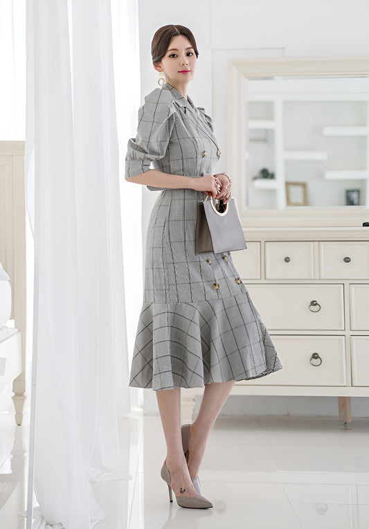 Plaid Suit Collar Fishtail Mid-length Dress