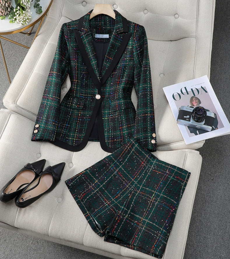 Plaid Suit Jacket + Shorts Two Pieces Suit Set