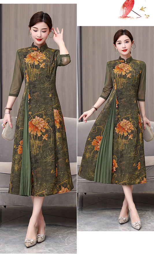 Pleated Floral Slim Cheongsam