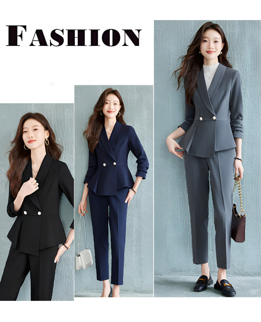 Pleated Casual Suit Jacket + Trousers Two Pieces Set