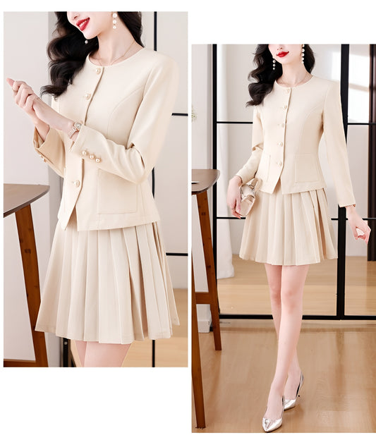 Professional Suit Long-sleeve Top + Pleated Mini Skirt