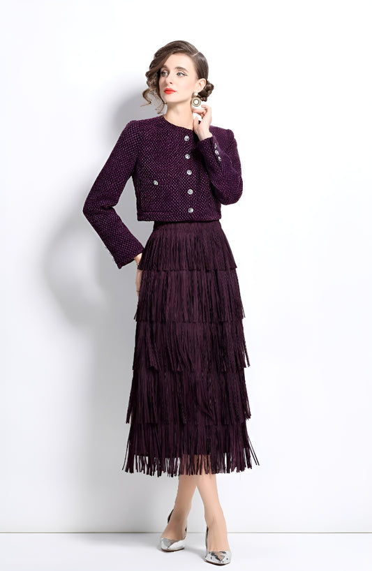 Purple Cotton Tweed Jacket + Skirt Two Pieces Suit Set