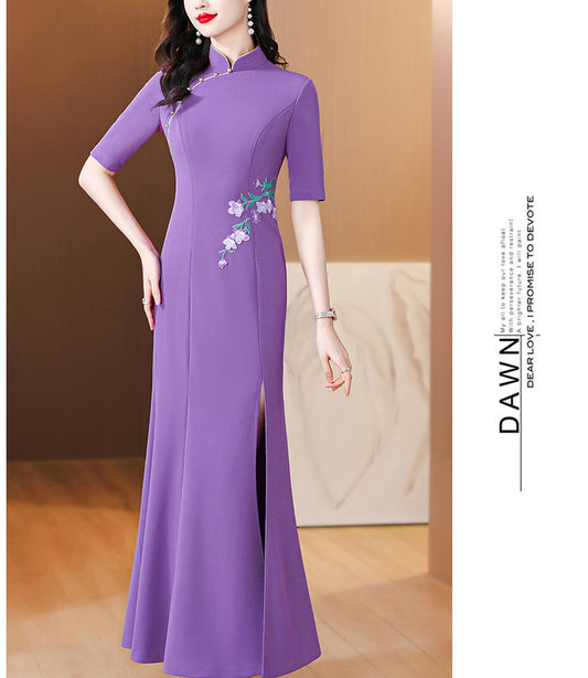 Purple Embroidered Cheongsam Slit Dress
