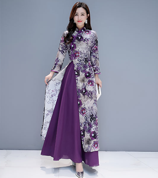 Purple Floral Elegant Cheongsam