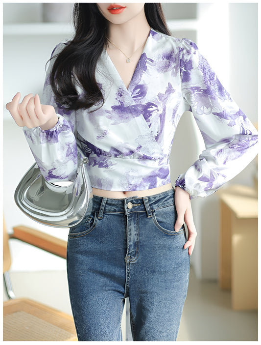 Purple Floral Long-sleeved V-neck Wrapped Shirt