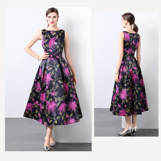 Purple Flower Print Sleeveless A-line Dress