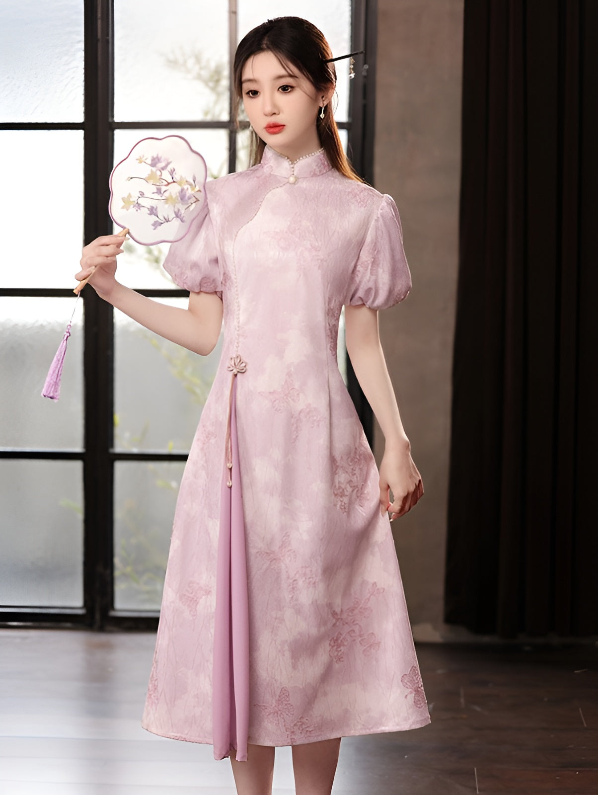 Purple Puff Sleeve A-line Cheongsam