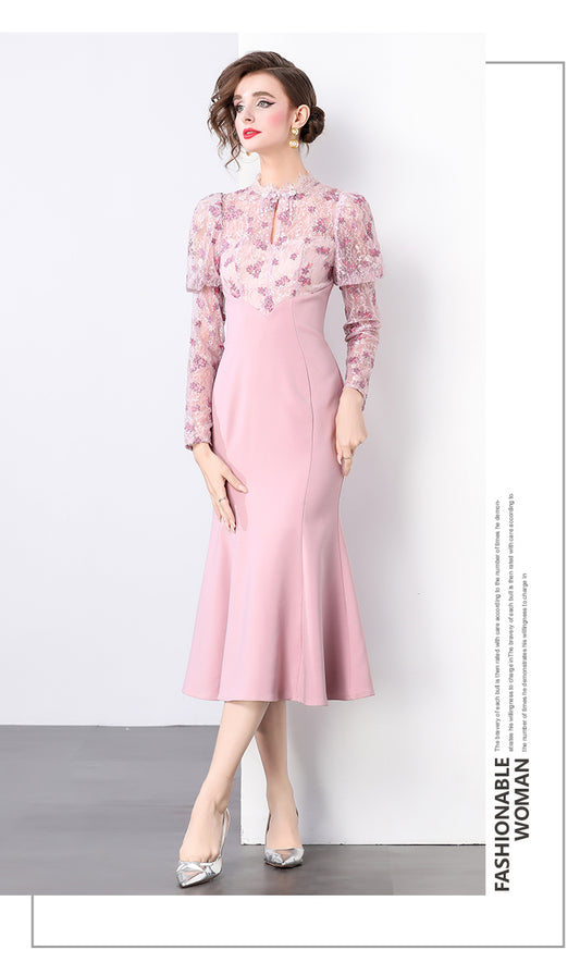 Purplish Pink Lace Stitching Fishtail Dress