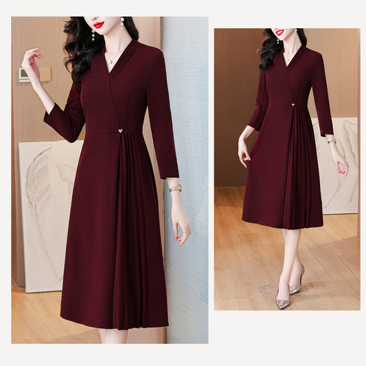 Purplish Red V-neck Pleated Dress