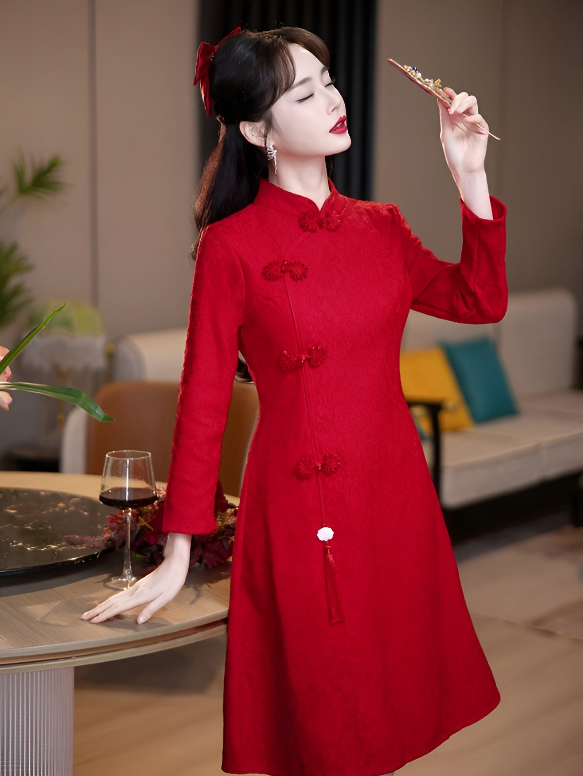 Red Casual Long-sleeve Cheongsam