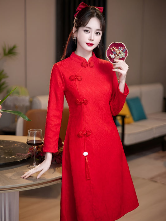 Red Casual Long-sleeve Cheongsam