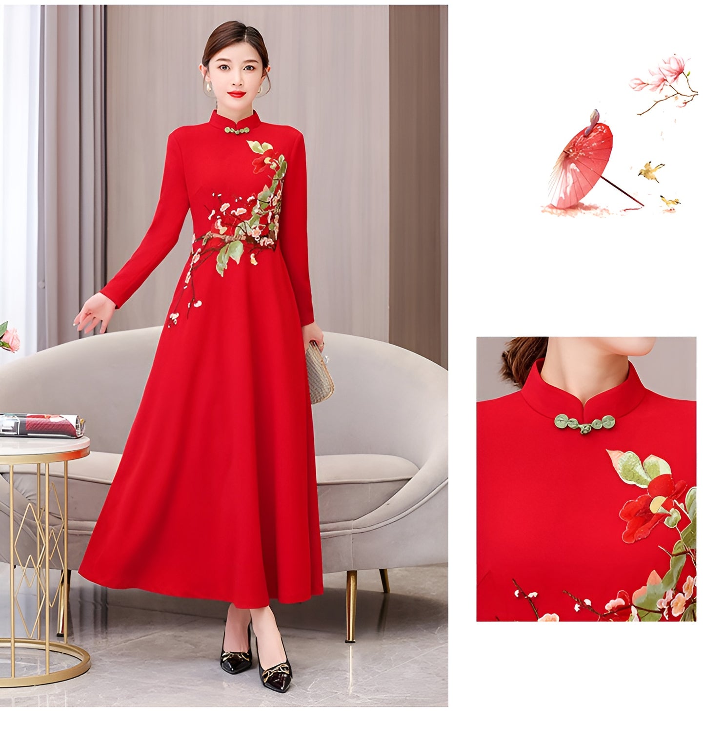 Red Cheongsam Elegant Long-sleeved Embroidery Dress