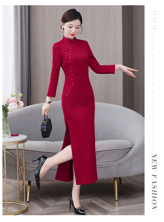 Red Cheongsam High-end Auspicious cloud Long-sleeved Banquet Dress