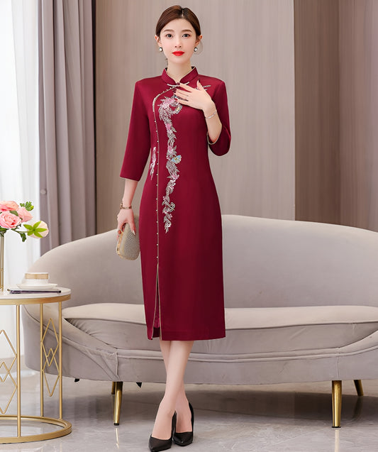 Red Claret Banquet Mid-length Cheongsam