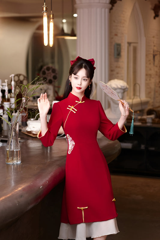 Red Claret Splicing Casual Cheongsam