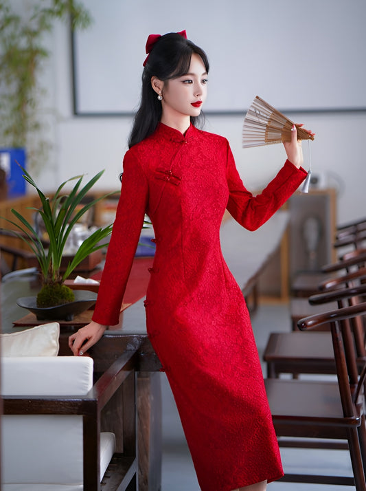 Red Lace Long-sleeve Cheongsam