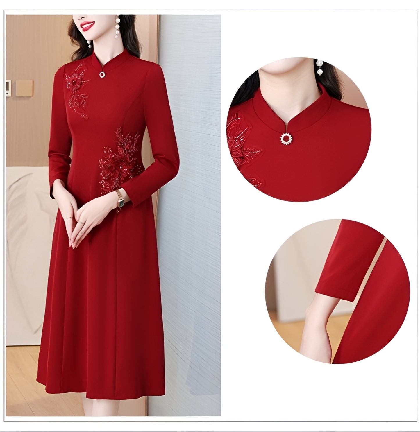 Red Long-sleeve Cheongsam Banquet Dress