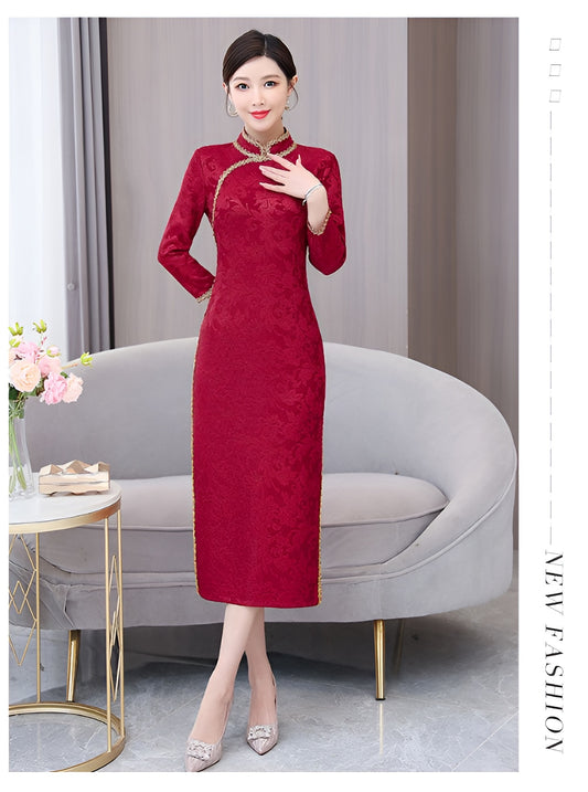 Red Long-sleeve Elegant Cheongsam Banquet Dress