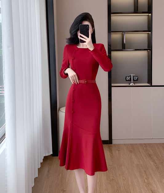 Red Long-sleeve Fishtail Dress