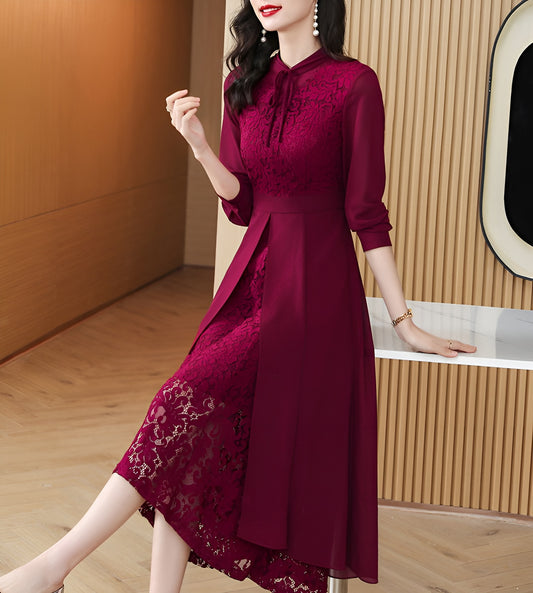 Red Long-sleeve Slit Lace Splicing Dress