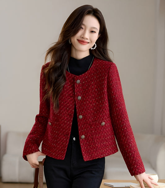 Red Plaid Tweed Short Women's Jacket