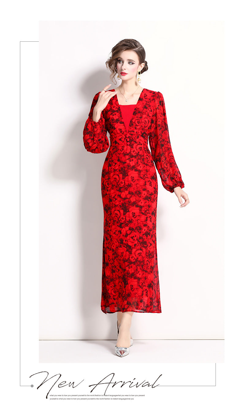 Red Rose Floral Fishtail Long Dress