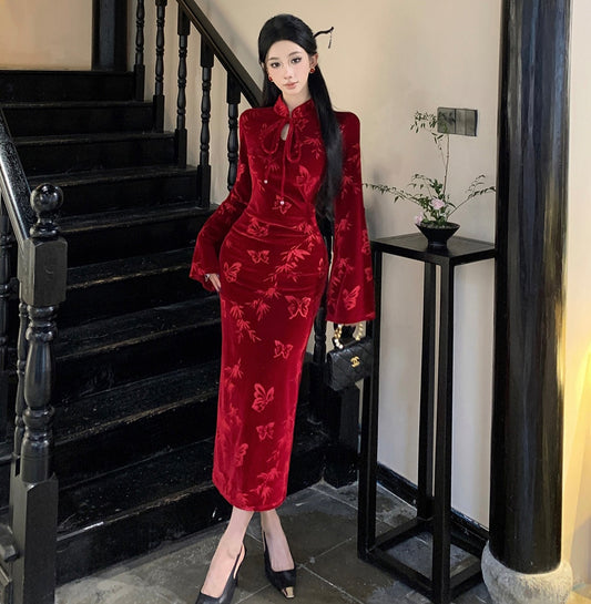 Red Velvet Cheongsam Slim Dress