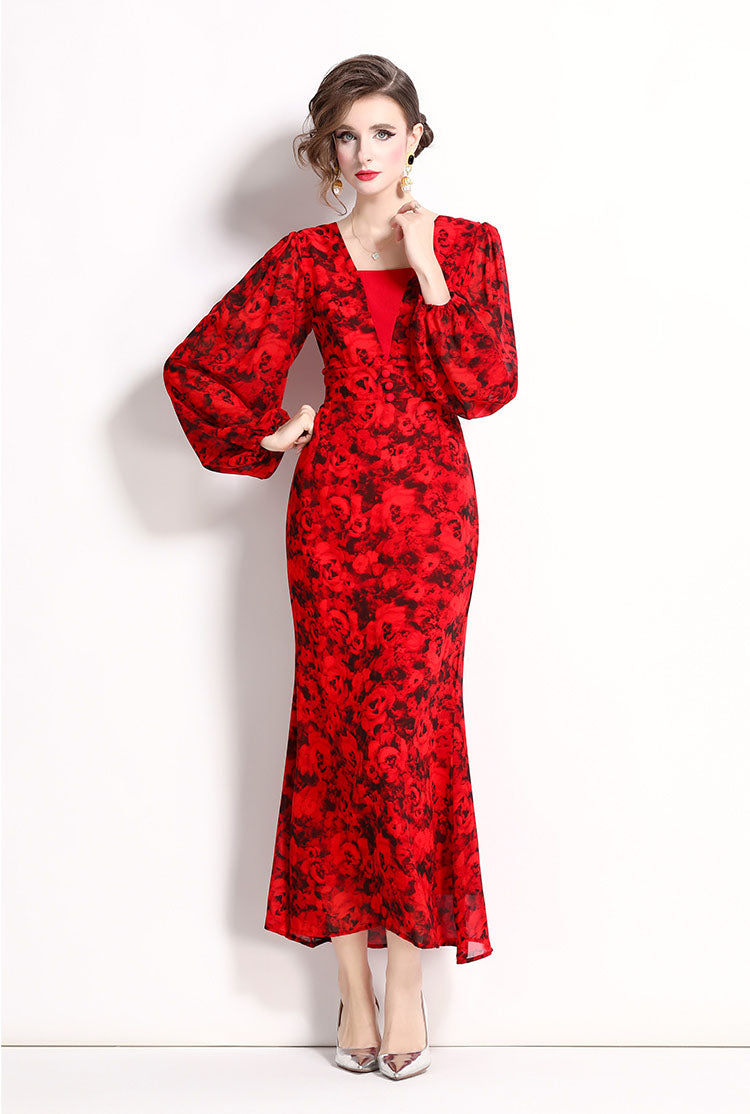 Red Rose Floral Fishtail Long Dress