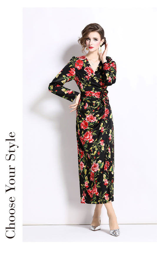 Retro Black Floral Slit Mid-length Dress